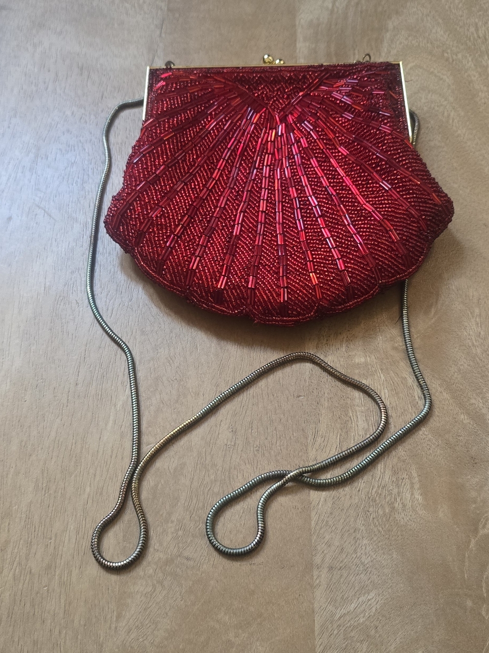VTG Red Beaded Seashell Fan Evening Clutch Bag Mermaidcore Art Deco Style